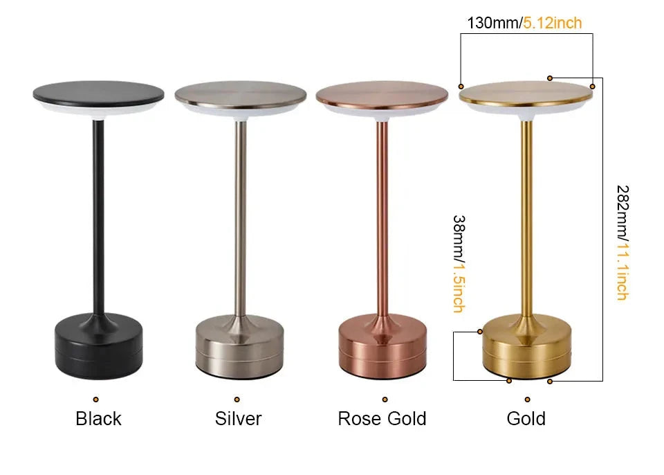 Four cylindrical lamps in black, silver, rose gold, and gold with measurements and color options.